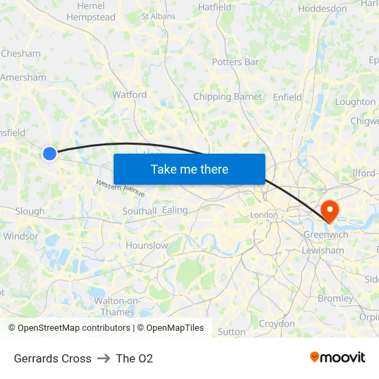 Gerrards Cross to The O2 map