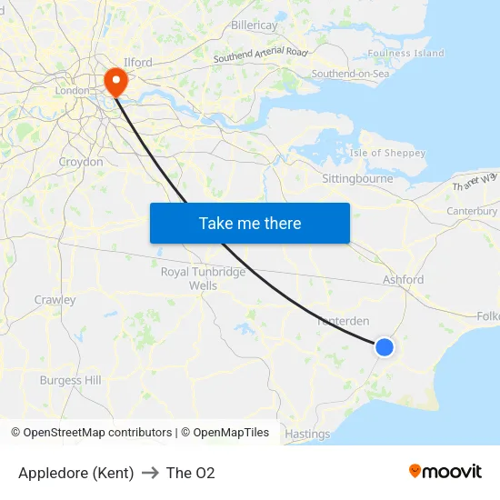 Appledore (Kent) to The O2 map