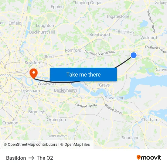 Basildon to The O2 map