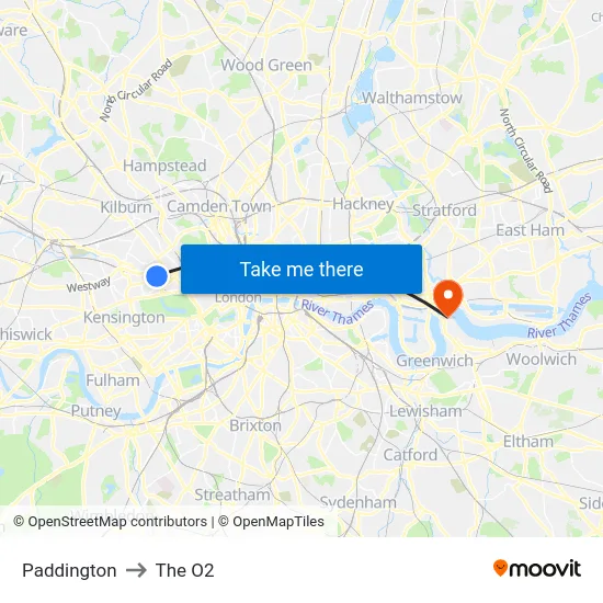 Paddington to The O2 map
