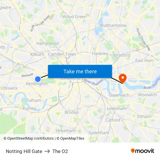 Notting Hill Gate to The O2 map