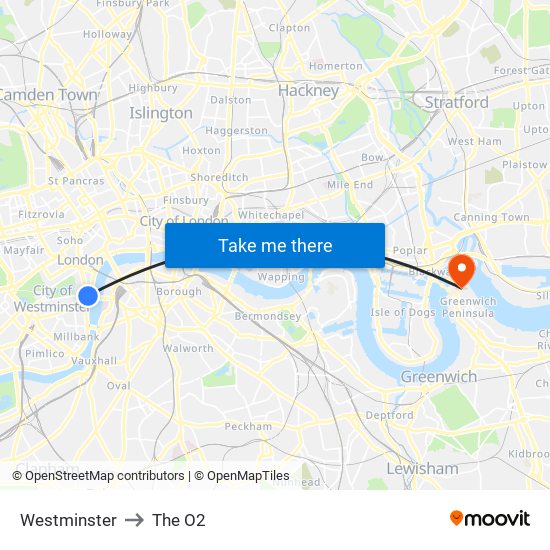 Westminster to The O2 map