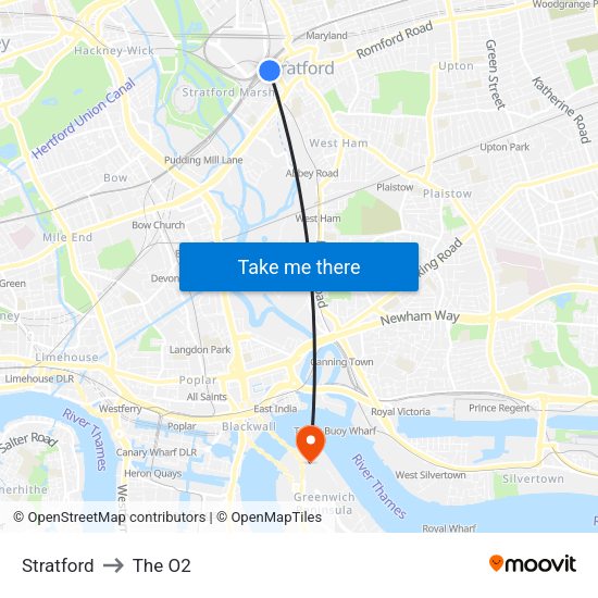 Stratford to The O2 map