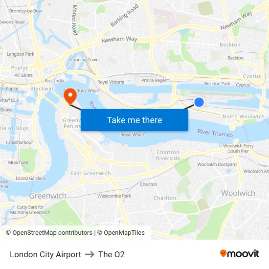 London City Airport to The O2 map