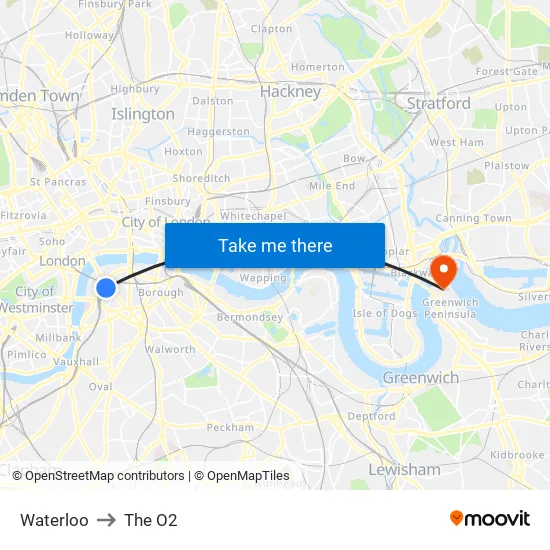 Waterloo to The O2 map