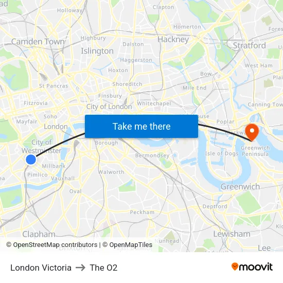London Victoria to The O2 map