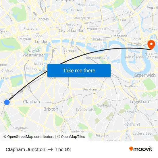 Clapham Junction to The O2 map