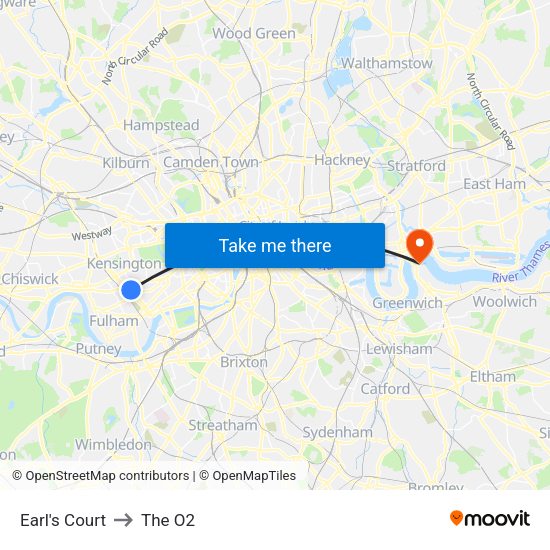 Earl's Court to The O2 map