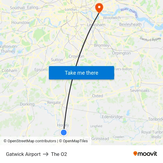 Gatwick Airport to The O2 map