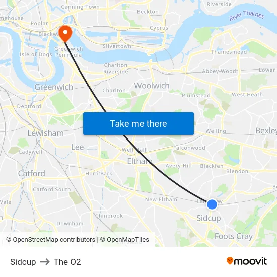 Sidcup to The O2 map
