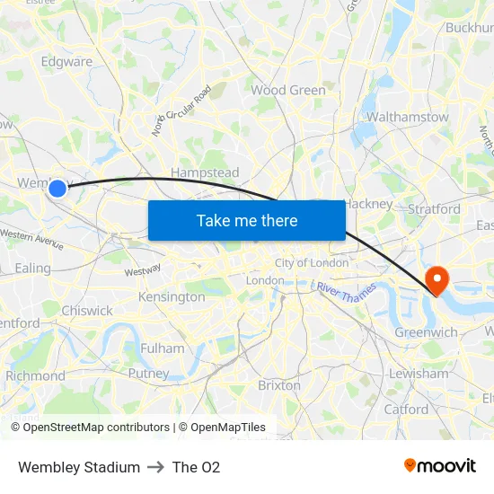 Wembley Stadium to The O2 map