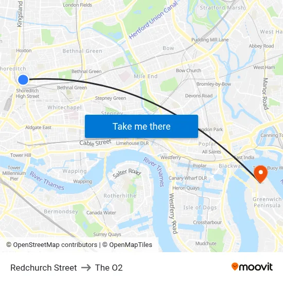 Redchurch Street to The O2 map