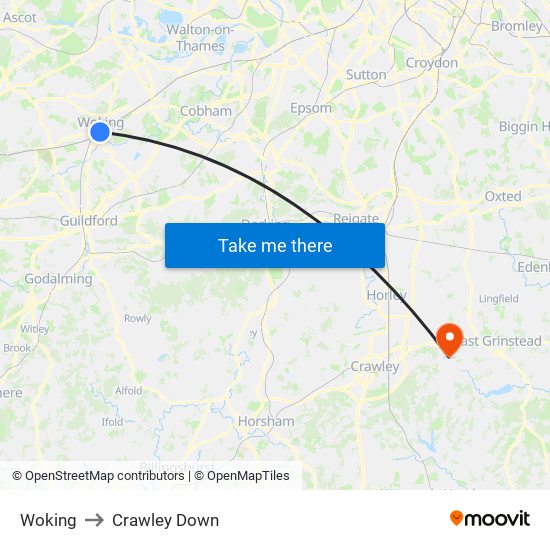 Woking to Crawley Down map