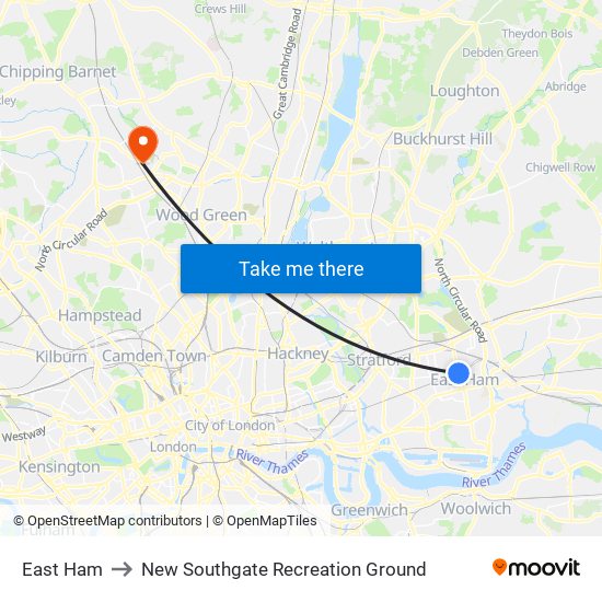 East Ham to New Southgate Recreation Ground map