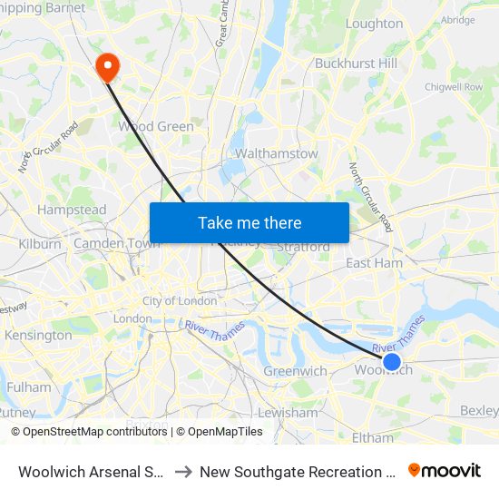 Woolwich Arsenal Station to New Southgate Recreation Ground map