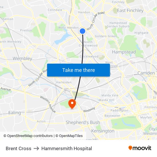 Brent Cross to Hammersmith Hospital map