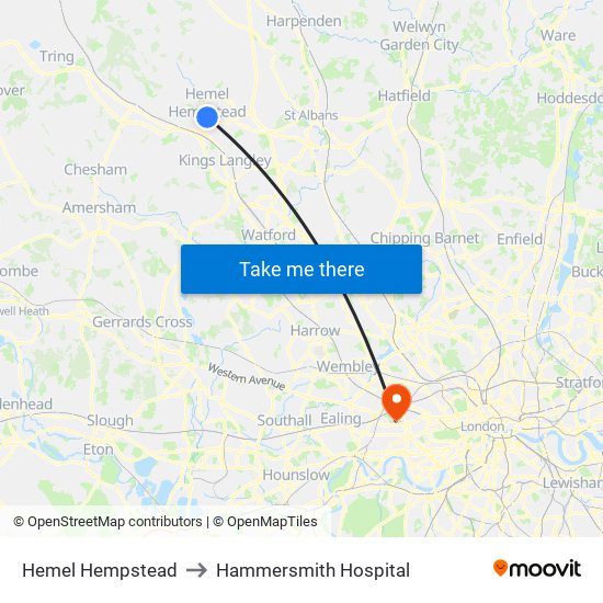 Hemel Hempstead to Hammersmith Hospital map