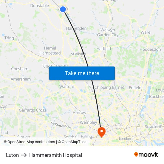 Luton to Hammersmith Hospital map