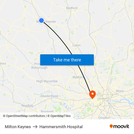 Milton Keynes to Hammersmith Hospital map