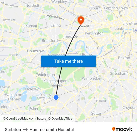 Surbiton to Hammersmith Hospital map