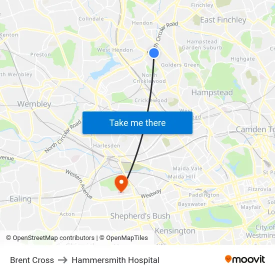 Brent Cross to Hammersmith Hospital map