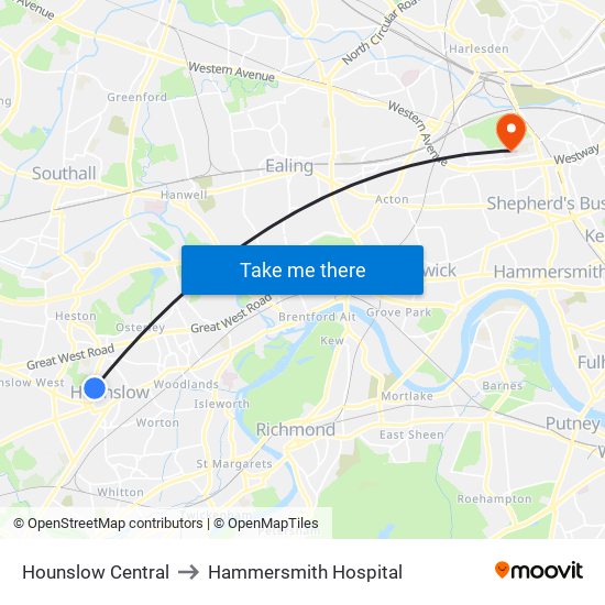 Hounslow Central to Hammersmith Hospital map