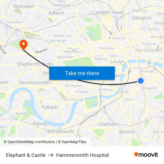 Elephant & Castle to Hammersmith Hospital map