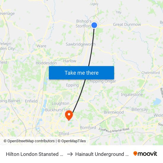 Hilton London Stansted Airport to Hainault Underground Station map