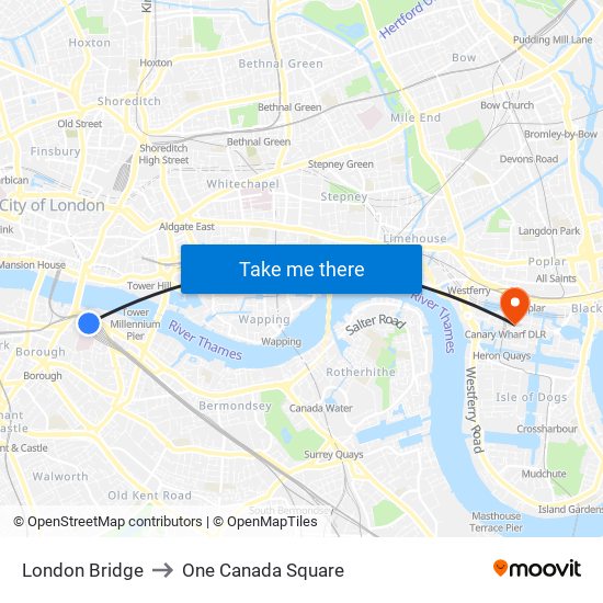 London Bridge to One Canada Square map