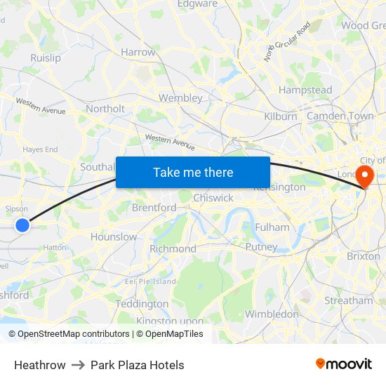 Heathrow to Park Plaza Hotels map