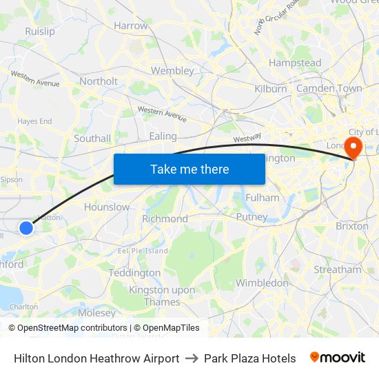 Hilton London Heathrow Airport to Park Plaza Hotels map