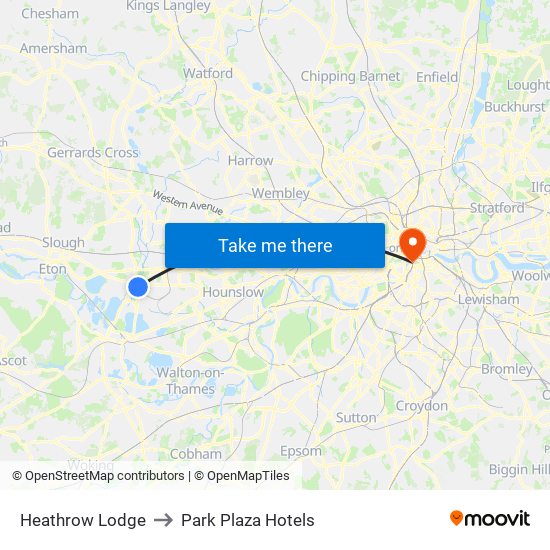 Heathrow Lodge to Park Plaza Hotels map