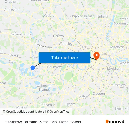 Heathrow Terminal 5 to Park Plaza Hotels map