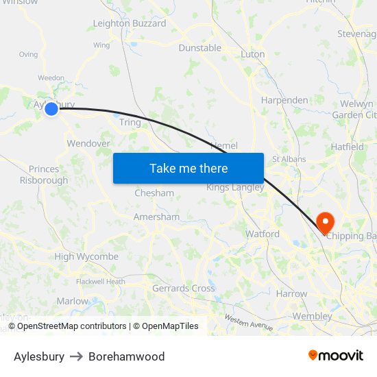 Aylesbury to Borehamwood map