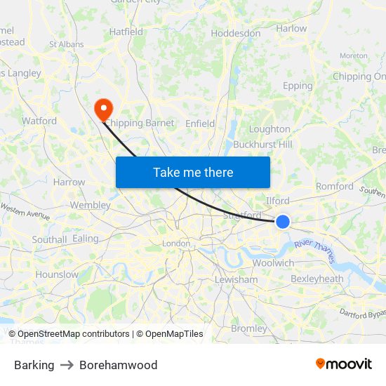 Barking to Borehamwood map