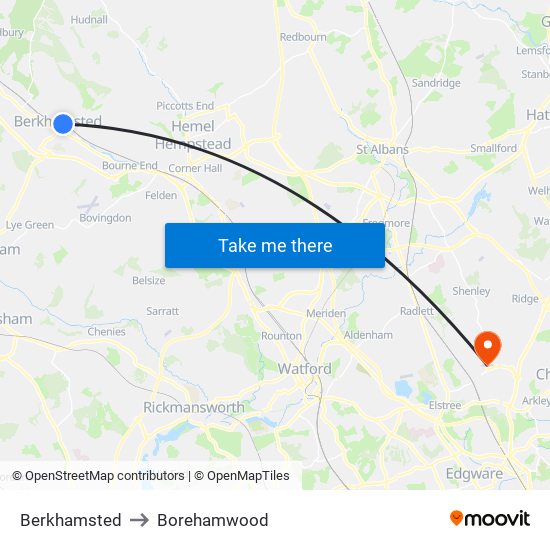 Berkhamsted to Borehamwood map