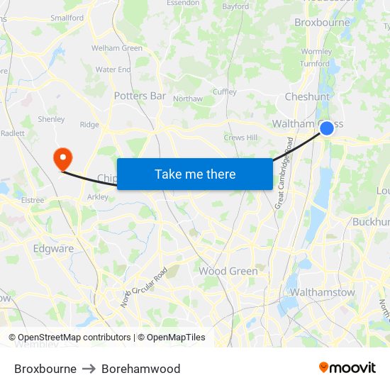 Broxbourne to Borehamwood map