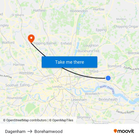 Dagenham to Borehamwood map