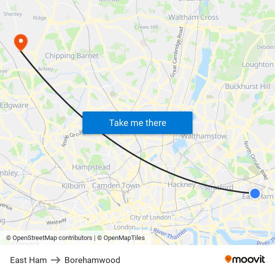 East Ham to Borehamwood map