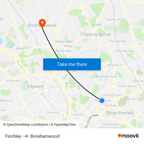 Finchley to Borehamwood map