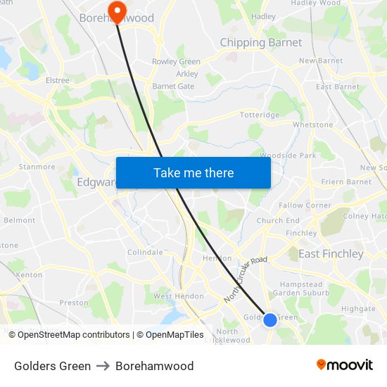 Golders Green to Borehamwood map