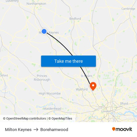 Milton Keynes to Borehamwood map