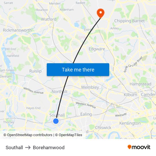 Southall to Borehamwood map