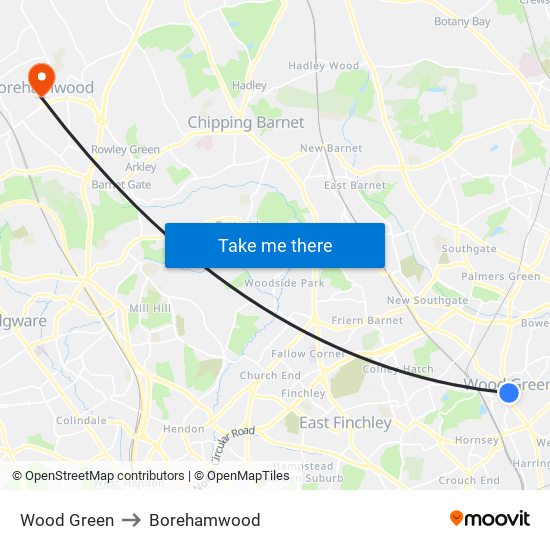 Wood Green to Borehamwood map