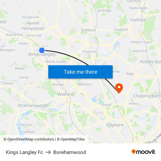 Kings Langley Fc to Borehamwood map