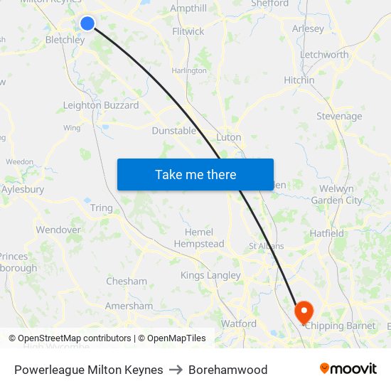 Powerleague Milton Keynes to Borehamwood map
