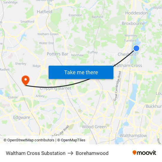 Waltham Cross Substation to Borehamwood map
