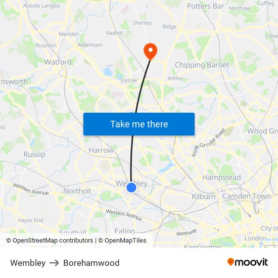 Wembley to Borehamwood map