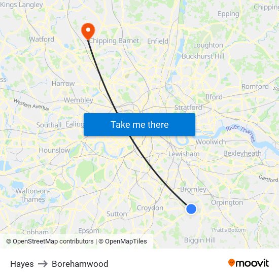 Hayes to Borehamwood map