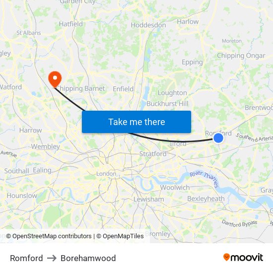 Romford to Borehamwood map